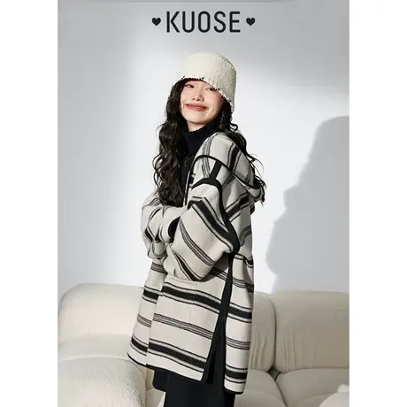 阔色条纹中长款毛呢外套女2023新款秋季呢子连帽大衣开衫上衣商品大图