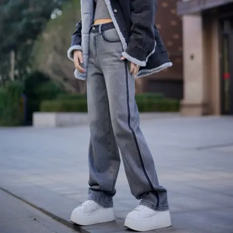 加绒牛仔裤女春秋季窄版直筒裤女士宽松黑灰色裤子2025新款阔腿裤商品大图