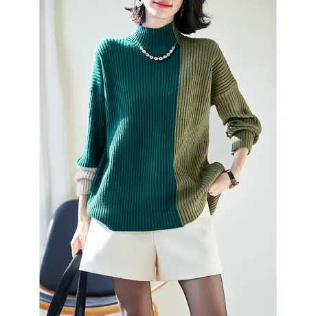 宝诗黎半高领拼接宽松针织衫女2024春季设计感撞色休闲长袖上衣图片