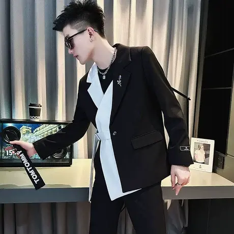 春秋季韩版网红撞色休闲西服外套男高级感痞帅西装发型师单西外套商品大图