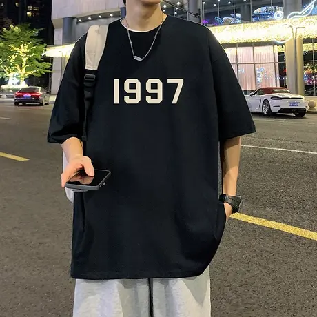 高级感纯棉发泡印花ins潮流短袖T恤男夏季美式宽松体恤半袖打底衫商品大图