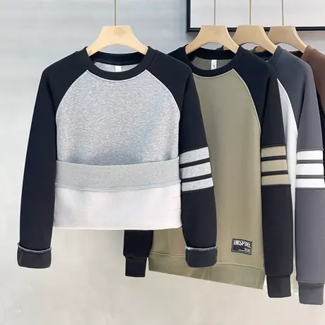 三条杠拼接加绒卫衣男秋冬季2023新款男生保暖圆领加厚上衣服潮牌商品大图