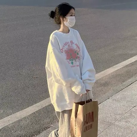 玫瑰印花oversize落肩卫衣女ins潮牌春秋薄款宽松美式复古上衣服商品大图