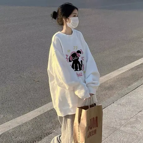 圆领卫衣女小个子春秋薄款宽松港味chic慵懒风oversize套头上衣潮商品大图