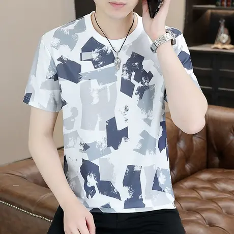 夏季新款短袖圆领男士t恤冰丝潮流半袖体恤打底衫迷彩个性T恤男商品大图