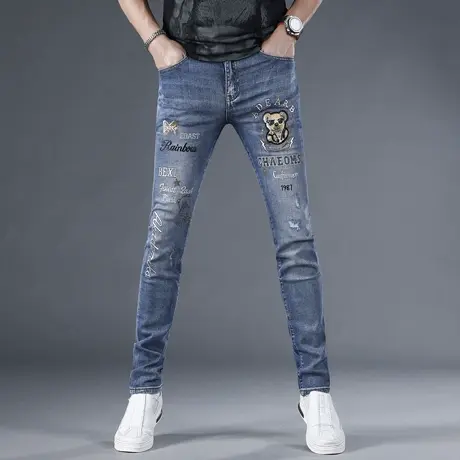 高端烫钻刺绣牛仔裤男款修身小脚夏季2024新款潮牌弹力男士裤子薄商品大图