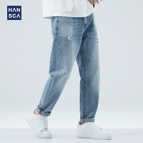 hansca莱赛尔天丝牛仔裤男潮牌夏季薄款休闲宽松破洞直筒锥形长裤商品大图