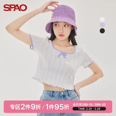 SPAO女士T恤夏季新款撞色短款坑条短袖T恤SPRAC24S21图片