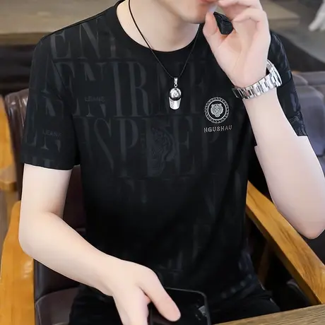 男士冰丝短袖T恤夏季修身半袖潮流男装上衣服个性提花薄款打底衫商品大图