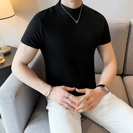 夏季韩身小高领纯色中领短袖T恤潮牌弹力修身打底衫内搭半袖T恤商品大图
