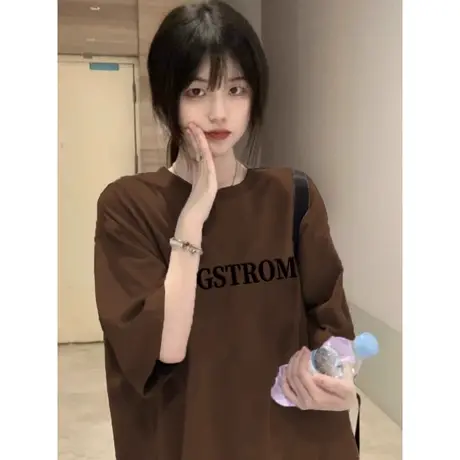 小众国潮高街深棕色短袖纯棉t恤女2024年夏季重磅宽松半袖打底衫商品大图