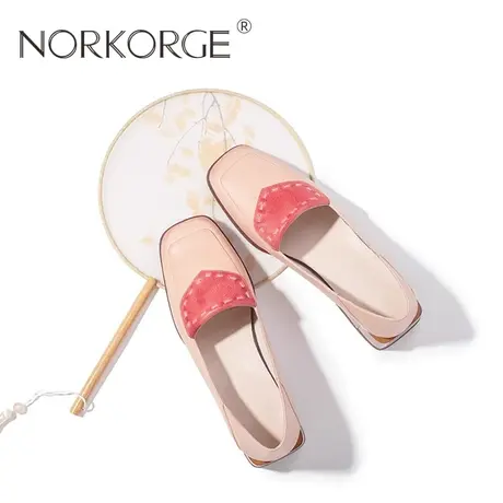 2024新款春复古粉色单鞋女鞋真皮方头粗跟中跟温柔奶奶鞋商品大图