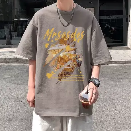 夏季抽象油画印花短袖t恤男ins潮流2023新款纯棉打底衫半袖上衣服商品大图