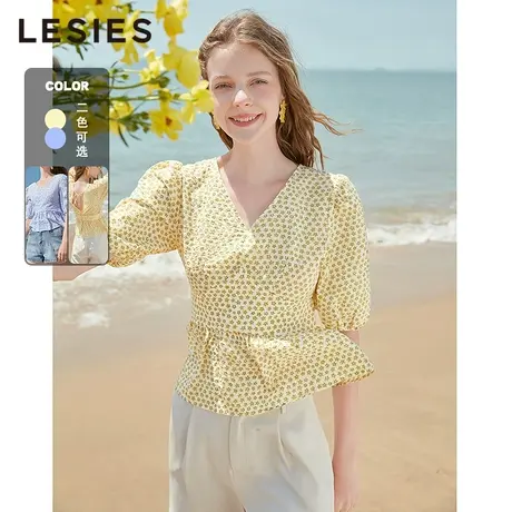 LESIES蓝色倾情夏季新款女碎花V领泡泡袖收腰棉上衣甜美减龄小衫商品大图