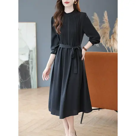 宝诗黎圆领木耳边系带收腰连衣裙2023秋季新款纯色长袖过膝长裙子图片