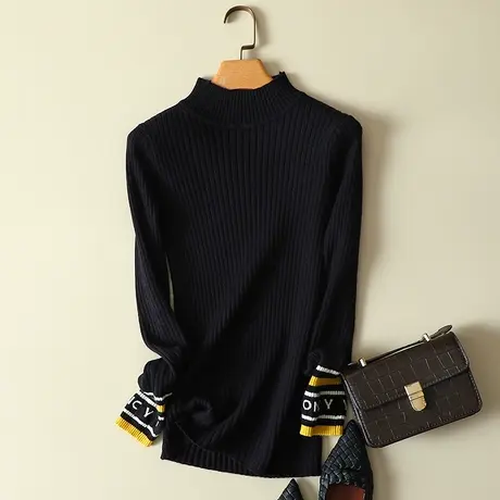 秋冬新款2022字母提花条纹袖针织衫女士半高领毛衣打底衫显瘦上衣商品大图