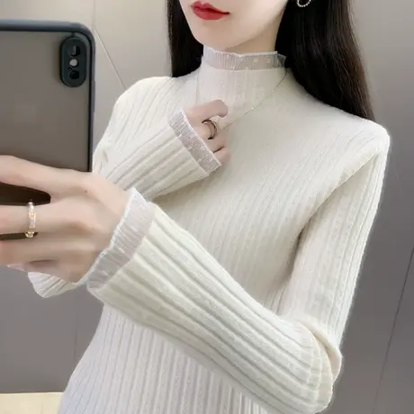 2022年秋冬新款蕾丝半高领软糯毛衣女百搭打底长袖针织衫套头上衣图片