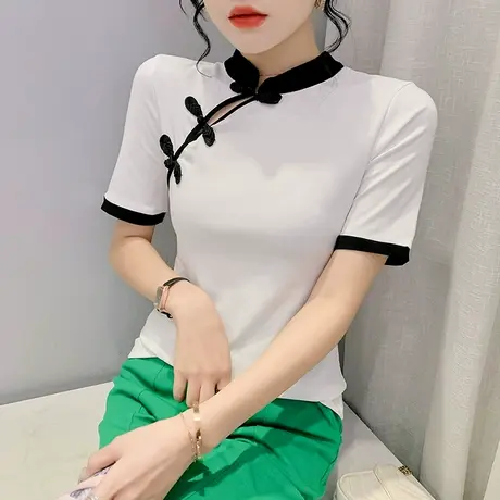 改良旗袍领短袖T恤女中国风夏装设计感复古盘扣上衣洋气立领小衫商品大图
