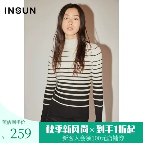 恩裳COVER春秋季新款简约休闲条纹渐变设计显瘦打底套头针织衫商品大图