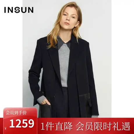 恩裳商场同款冬季简约大方拼接H型毛呢外套女中长款商品大图