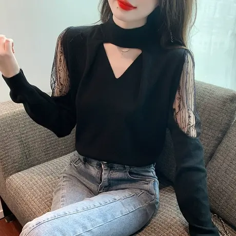 性感镂空毛衣女秋冬内搭气质蕾丝拼接打底衫时尚修身半高领针织衫图片