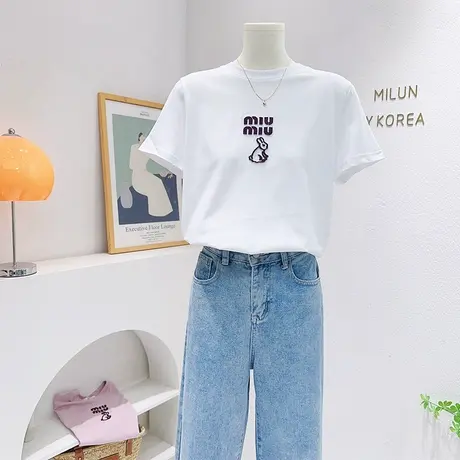 小个子正肩纯棉短袖上衣2023夏款韩版刺绣兔子白色修身T恤打底衫商品大图