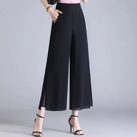 黑色开叉九分雪纺阔腿裤夏季薄款高腰女裤2023新款垂感显瘦休闲裤商品大图