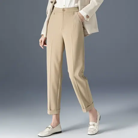 卡其色裤子女春秋2023新款高腰西装裤直筒休闲裤九分哈伦裤烟管裤商品大图