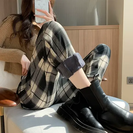 加绒格子裤子女毛呢秋冬季高腰加厚黑咖色复古宽松休闲直筒哈伦裤图片