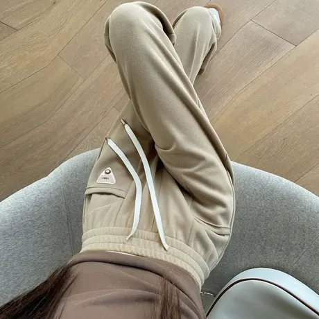 卡其色运动裤女春秋2023新款高腰显瘦小个子九分抽绳哈伦直筒卫裤图片