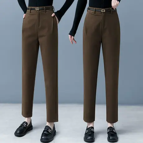 咖色毛呢裤女宽松哈伦裤秋冬季加厚高腰显瘦小个子抗皱气球镰刀裤图片