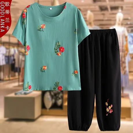 中老年人妈妈装夏装套装短袖绣花上衣加肥加大码女宽松休闲两件套图片