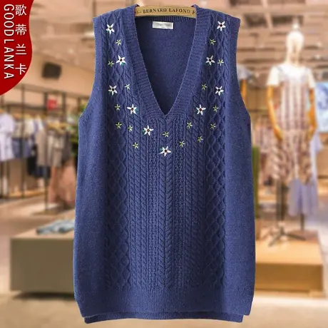 加大码中年妈妈秋装无袖毛衣女宽松洋气绣花V领百搭外穿针织马甲图片