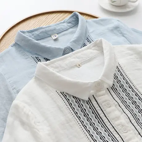 双层纱提花纯棉白衬衫女长袖2022年春秋学生文艺刺绣百搭打底衬衣商品大图