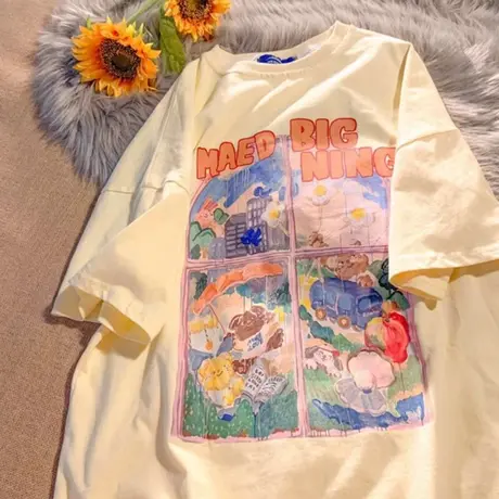 美式复古短袖t恤女2021夏季纯棉宽松韩版ins设计感小众港风上衣服图片