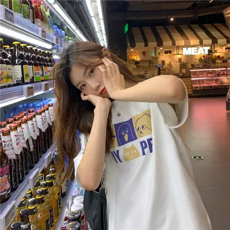 日系港风chic短袖t恤女宽松韩版潮ins原宿风bf百搭半袖超火上衣服图片