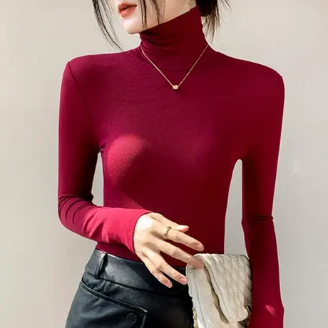 歌倍尚高领长袖针织衫女2023秋冬新品弹力修身纯色西装内搭打底衫商品大图