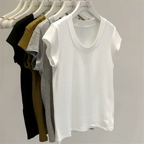 刚需，太推荐了！显瘦螺纹修身短袖T恤女夏季百搭弹力紧身打底衫商品大图