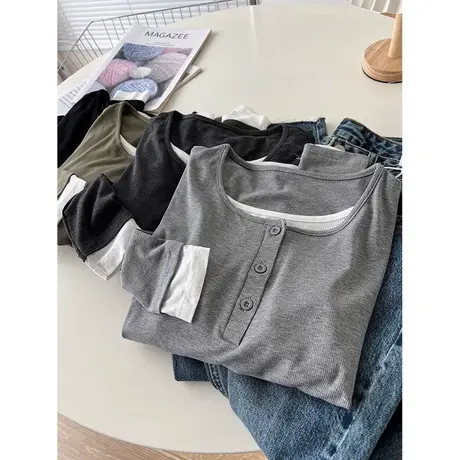 设计感小众假两件T恤长袖女初秋韩版修身显瘦洋气内搭上衣打底衫商品大图