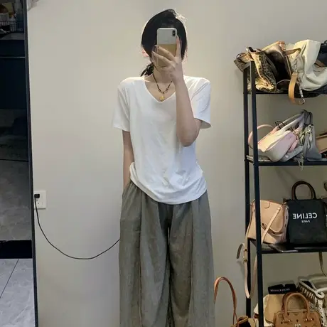 正肩v领短袖t恤女夏季2023新款韩版内搭打底衫宽松遮肉半袖上衣潮商品大图