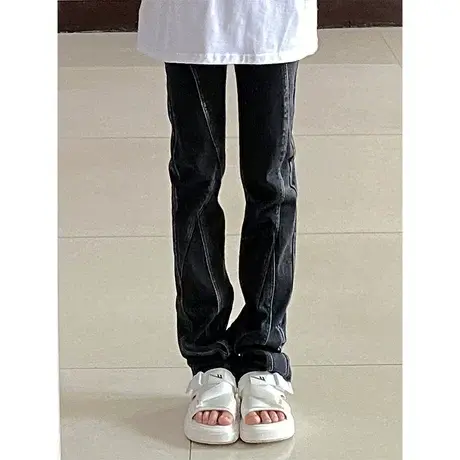 直筒牛仔裤女小个子春秋冬季设计感小众宽松美式复古高街休闲裤子图片