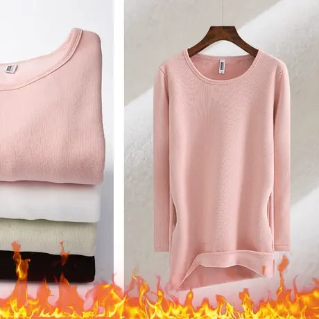 冬新款圆领长袖加绒口袋中长款连衣裙修身体恤保暖内搭大码女装商品大图