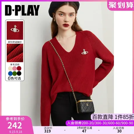DPLAY秋装厚实保暖宽松V领插肩袖圣诞红氛围感上衣套头毛衣图片