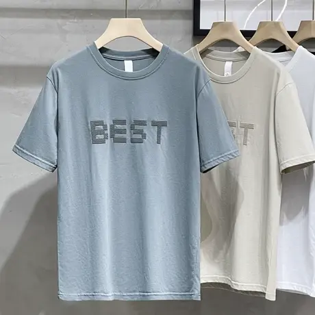 2023夏季时尚男士T恤圆领百搭休闲打底半袖贴标刺绣字母潮流短袖t商品大图