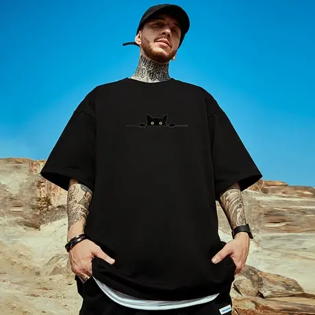 300g重磅美式加肥加大短袖t恤街头大码黑色圆领纯棉简约半袖男潮商品大图