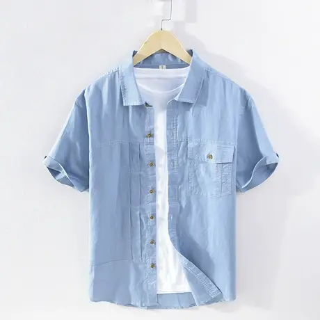 休闲衬衫男短袖工装夏季薄款棉麻白色男士翻领免烫衬衣男装上衣潮商品大图