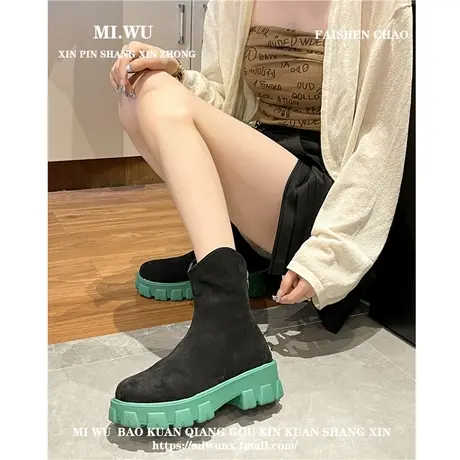女靴短靴2023秋冬季新款休闲飞织中筒靴厚底时尚后拉链骑士靴单靴图片