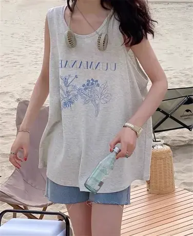 美式复古纯棉吊带坎肩背心无袖t恤女夏季设计感小众外穿挂脖上衣商品大图