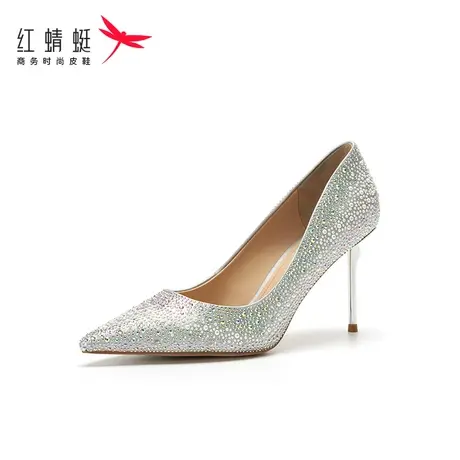 红蜻蜓婚鞋商场专柜同款春秋季新款银色水晶细高跟新娘婚鞋女尖头图片