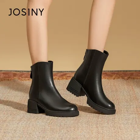 Josiny/卓诗尼短筒靴女2023秋季新款马丁靴高跟英伦风后拉链女靴商品大图